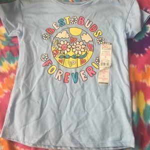 Blue girl colorful flower shirt that say best buds forever